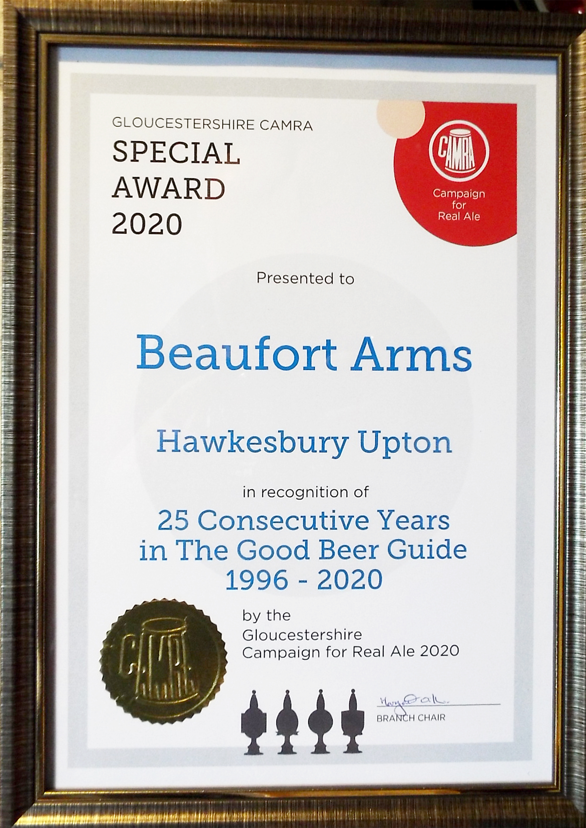 Beaufort Arms - Certificate in recognition of 25 consecutive years in the Good Beer Guide